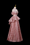 Dusty Pink Off-the-Shoulder Sequin Prom Dress with Ruffled Peplum HZ0429