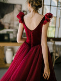 Burgundy Velvet Tulle Tea Length Prom Dress, Cute A-Line Evening Party Dress HZ0429