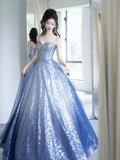 Blue Spaghetti Strap Gradient Sequins Long Prom Dress, Beautiful Sweetheart Neck Evening Party Dress HZ0429