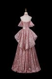 Dusty Pink Off-the-Shoulder Sequin Prom Dress with Ruffled Peplum HZ0429