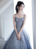 Blue Spaghetti Strap Gradient Sequins Long Prom Dress, Beautiful Sweetheart Neck Evening Party Dress HZ0429