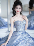 Blue Spaghetti Strap Gradient Sequins Long Prom Dress, Beautiful Sweetheart Neck Evening Party Dress HZ0429