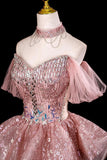 Dusty Pink Off-the-Shoulder Sequin Prom Dress with Ruffled Peplum HZ0429