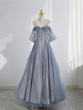 Blue Tulle Long Prom Dress, A-Line Off the Shoulder Blue Evening Party Dress HZ0429