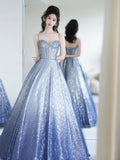 Blue Spaghetti Strap Gradient Sequins Long Prom Dress, Beautiful Sweetheart Neck Evening Party Dress HZ0429