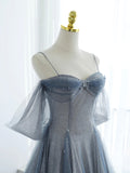 Blue Tulle Long Prom Dress, A-Line Off the Shoulder Blue Evening Party Dress HZ0429