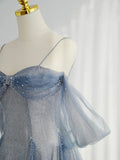 Blue Tulle Long Prom Dress, A-Line Off the Shoulder Blue Evening Party Dress HZ0429