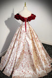 Beautiful Floral Satin Sweetheart Off Shoulder Prom Dress, Burgundy Long Satin Backless Party Dress HZ0429
