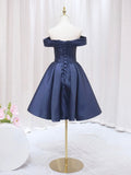 Blue V-neckline Satin Off Shoulder Party Dress, A-Line Blue Short Evening Prom Dress HZ0429