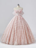 Light Pink Tulle Flower Floor Length Prom Dress, Beautiful Off the Shoulder Backless Formal Dress Sweet 16 Dress HZ0429