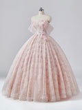 Light Pink Tulle Flower Floor Length Prom Dress, Beautiful Off the Shoulder Backless Formal Dress Sweet 16 Dress HZ0429