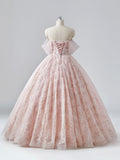 Light Pink Tulle Flower Floor Length Prom Dress, Beautiful Off the Shoulder Backless Formal Dress Sweet 16 Dress HZ0429