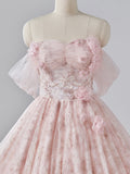 Light Pink Tulle Flower Floor Length Prom Dress, Beautiful Off the Shoulder Backless Formal Dress Sweet 16 Dress HZ0429