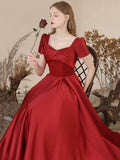 Burgundy Satin Long Prom Dress, Elegant Short Sleeve A-Line Evening Dress HZ0429