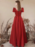Burgundy Satin Long Prom Dress, Elegant Short Sleeve A-Line Evening Dress HZ0429