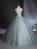 A-Line Scoop Neckline Tulle Floor Length Formal Dress with Lace, Elegant Evening Party Dress HZ0429
