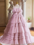 A-Line Spaghetti Strap Layers Tulle Long Party Dress, Pink Prom Dress Formal Gown HZ0429
