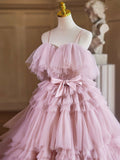 A-Line Spaghetti Strap Layers Tulle Long Party Dress, Pink Prom Dress Formal Gown HZ0429