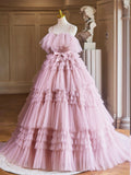 A-Line Spaghetti Strap Layers Tulle Long Party Dress, Pink Prom Dress Formal Gown HZ0429