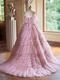 A-Line Spaghetti Strap Layers Tulle Long Party Dress, Pink Prom Dress Formal Gown HZ0429