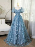Blue Lace Butterfly Long Prom Dress, Elegant A-Line Short Sleeve Evening Formal Dress HZ0429