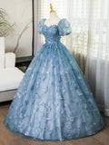 Blue Lace Butterfly Long Prom Dress, Elegant A-Line Short Sleeve Evening Formal Dress HZ0429