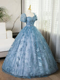 Blue Lace Butterfly Long Prom Dress, Elegant A-Line Short Sleeve Evening Formal Dress HZ0429