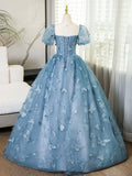 Blue Lace Butterfly Long Prom Dress, Elegant A-Line Short Sleeve Evening Formal Dress HZ0429