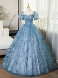 Blue Lace Butterfly Long Prom Dress, Elegant A-Line Short Sleeve Evening Formal Dress HZ0429
