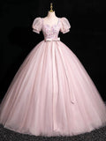 Beautiful Floral Tulle Floor Length Prom Dress, Pink A-Line Short Sleeve Evening Dress HZ0429
