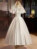 Retro Satin Tea Length Prom Dress with Lace, White A-Line Evening Party Dress HZ0429