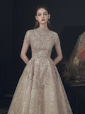 Beautiful Lace Short Sleeve Floor Length Prom Dress, Champagne High Neck Evening Party Dress HZ0429