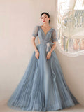 Dusty Blue Pleated Tulle Floor Length Prom Dress, Beautiful Short Sleeve Evening Party Dress HZ0429