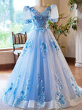 Blue Appliques Lace Flower Floor Length Prom Dresses, Beautiful V-Neck Short Sleeve Evening Dress HZ0429