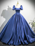 Blue Satin Long Prom Dress, Blue A-Line Short Sleeve Evening Party Dress HZ0429