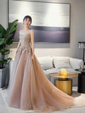 A-Line Scoop Neckline Tulle Lace Long Prom Dress, Beautiful Lace Formal Evening Dress HZ0429