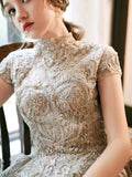 Cute Lace Short Sleeve High Low Prom Dress, A-Line High Neck Evening Party Dress HZ0429