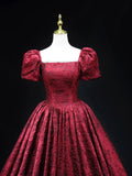 Burgundy Printed Pattern Floor Length Prom Dress, Elegant Off the Shoulder Formal Dress HZ0429
