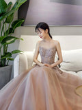 A-Line Scoop Neckline Tulle Lace Long Prom Dress, Beautiful Lace Formal Evening Dress HZ0429