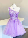 Cute Tulle Sequins Short Prom Dress, Purple One Shoulder Party Dress HZ0429