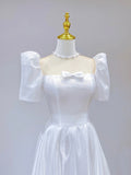 White Satin Short Sleeve Floor Length Prom Dress, White A-Line Party Dress HZ0429