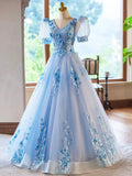 Blue Appliques Lace Flower Floor Length Prom Dresses, Beautiful V-Neck Short Sleeve Evening Dress HZ0429