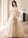 Champagne Tulle Floor Length Prom Dress, Cute Short Sleeve Evening Dress HZ0429