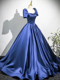 Blue Satin Long Prom Dress, Blue A-Line Short Sleeve Evening Party Dress HZ0429