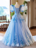 Blue Appliques Lace Flower Floor Length Prom Dresses, Beautiful V-Neck Short Sleeve Evening Dress HZ0429