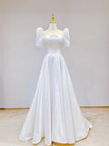 White Satin Short Sleeve Floor Length Prom Dress, White A-Line Party Dress HZ0429