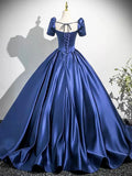 Blue Satin Long Prom Dress, Blue A-Line Short Sleeve Evening Party Dress HZ0429