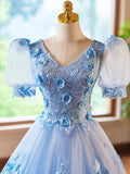 Blue Appliques Lace Flower Floor Length Prom Dresses, Beautiful V-Neck Short Sleeve Evening Dress HZ0429
