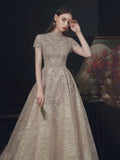 Beautiful Lace Short Sleeve Floor Length Prom Dress, Champagne High Neck Evening Party Dress HZ0429