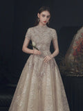 Beautiful Lace Short Sleeve Floor Length Prom Dress, Champagne High Neck Evening Party Dress HZ0429